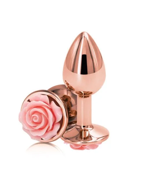 Rear Assets Rose Gold Metal Butt Plug with Pink Rose - Small