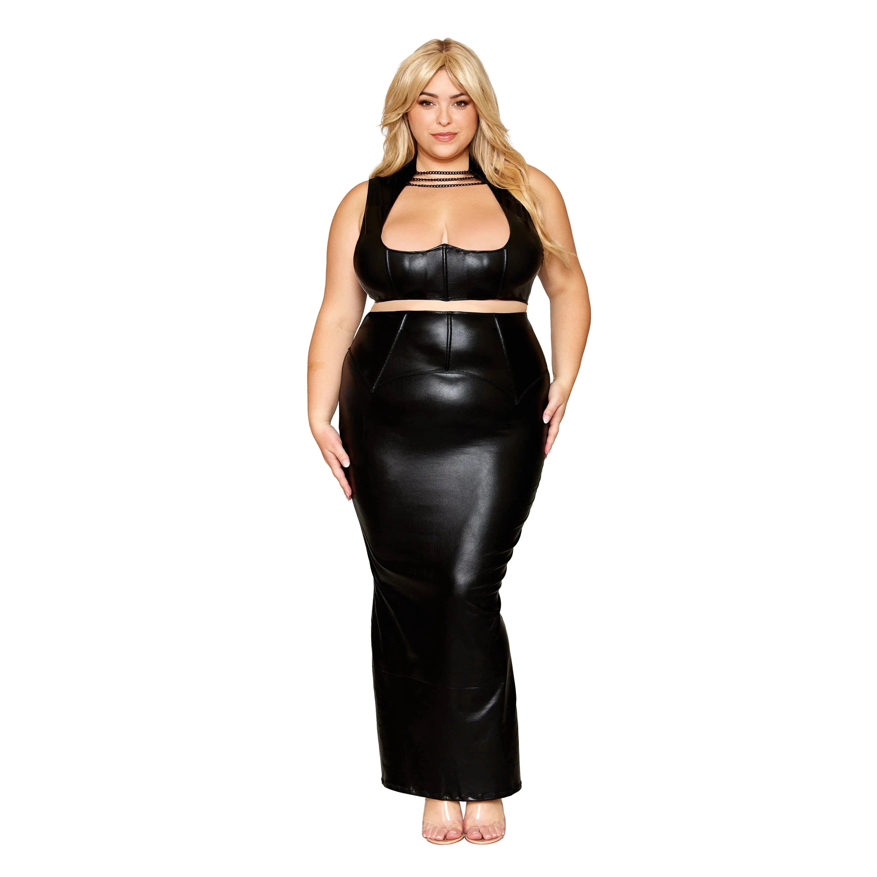 Stretch Faux Leather Harness Bra & Long Slip Skirt - Black 1X